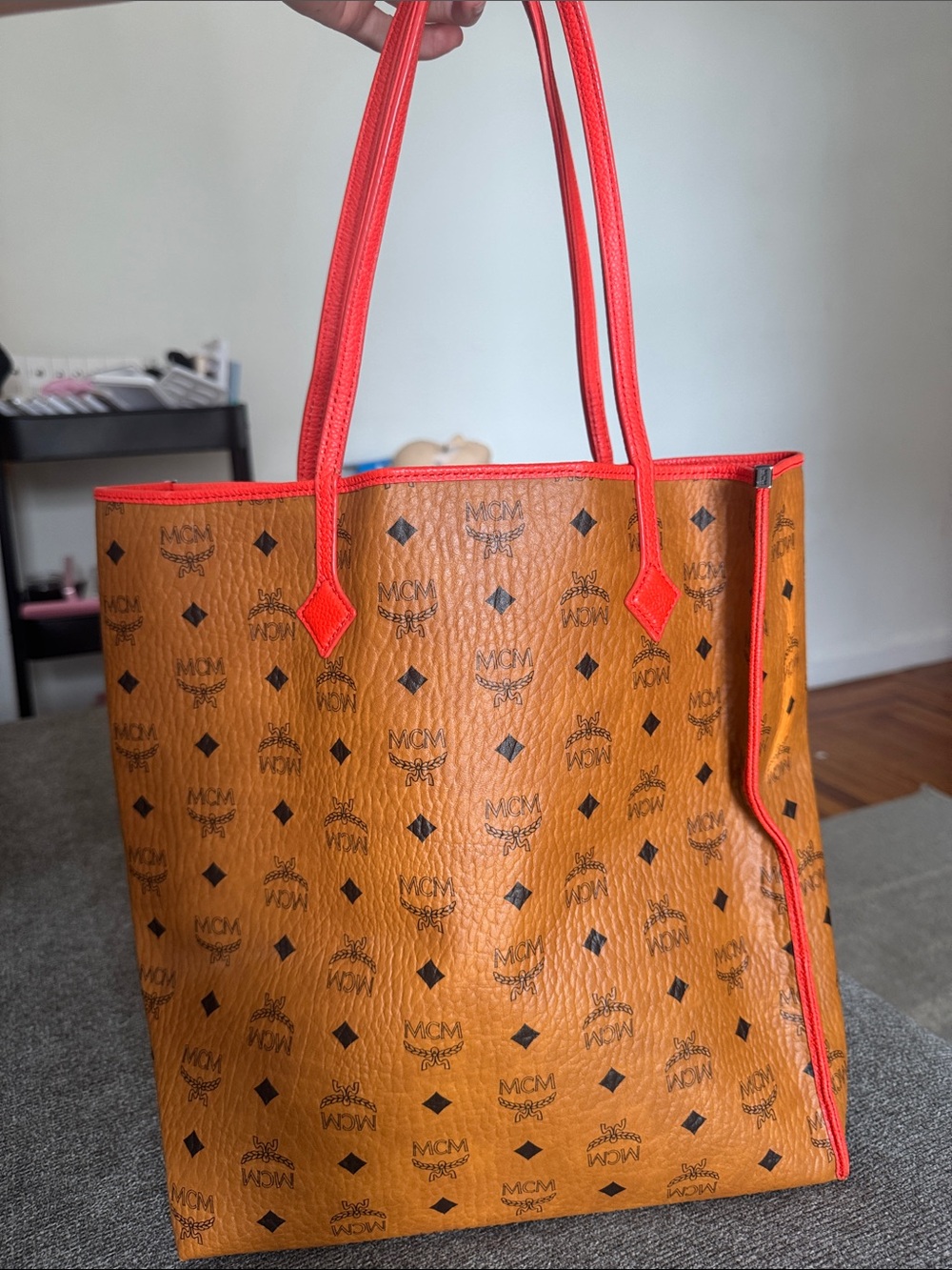 MCM Cognac Visetos Tote with Bright Red Trim and Pouch - Picture 5 of 11